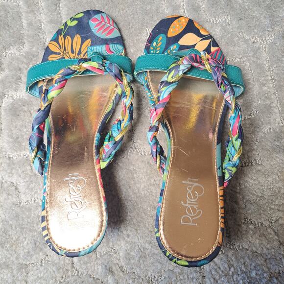 REFRESH TEAL FLORAL KITTEN HEEL THONG SANDALS WOMENS SIZE 6.5 - Picture 5 of 10